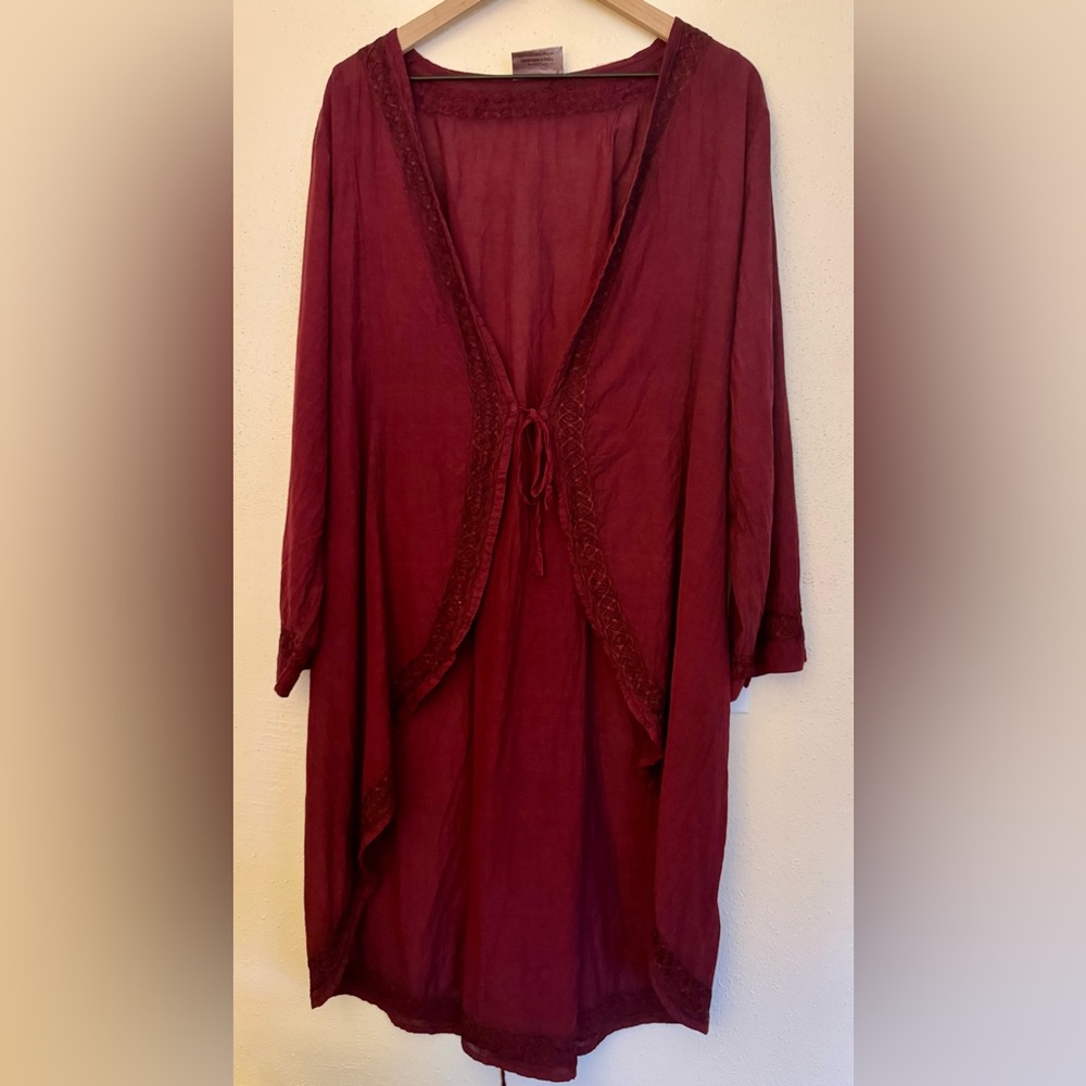 Holy Clothing Burgundy Cardigan Duster XL/1X Embroidered Trim